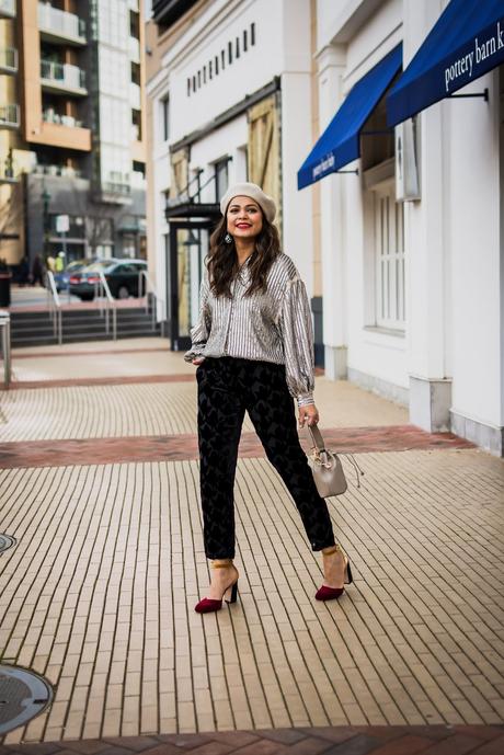 holiday outfit, what to wear to work party, pant options for women in winter, street style, H&M embellished blouse, velvet blouse, beret style, fur lined coat, myriad musings
