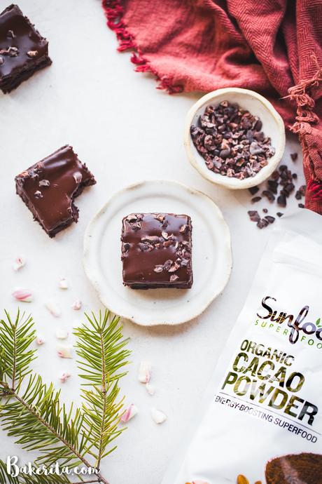 These Peppermint Brownies are so rich & fudgy, flavored with pure peppermint extract, and topped with luscious dark chocolate ganache. The paleo & vegan brownies are full of dark chocolate chips and cacao nibs.