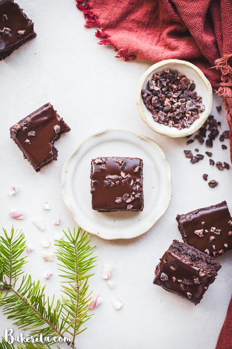 These Peppermint Brownies are so rich & fudgy, flavored with pure peppermint extract, and topped with luscious dark chocolate ganache. The paleo & vegan brownies are full of dark chocolate chips and cacao nibs.