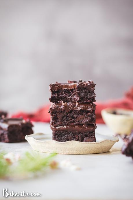 These Peppermint Brownies are so rich & fudgy, flavored with pure peppermint extract, and topped with luscious dark chocolate ganache. The paleo & vegan brownies are full of dark chocolate chips and cacao nibs.