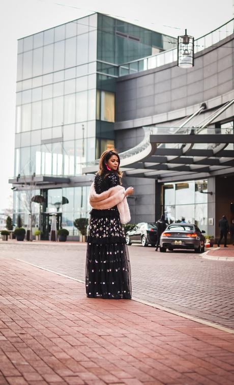 holiday outfits, black gown, needle and thread black floral gown, street, fashion blogger, saumya shiohare, Myriad musings, fur stole outfit