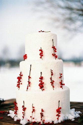 christmas wedding snow white tall cake with red viburnum branches bell studios