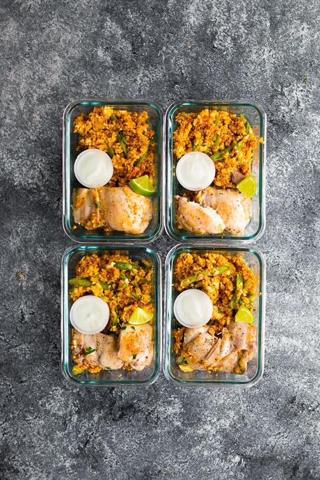 low carb indian chicken skillet portioned out into meal prep containers
