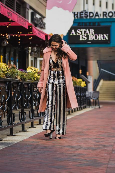 sequin jumpsuit holiday outfit, dress the population sequin jumpsuit, holiday outfit, festive, fur peach coat, red lipstick, fashion, style, Dc blogger, saumya shiohare, myriad musings