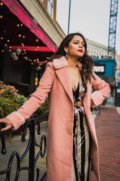 sequin jumpsuit holiday outfit, dress the population sequin jumpsuit, holiday outfit, festive, fur peach coat, red lipstick, fashion, style, Dc blogger, saumya shiohare, myriad musings