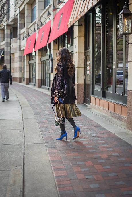 holiday outfit no 3, sequin boyfriend blazer, holiday look, pleated metallic midi skirt, blue anklt strap pumps, style, street style, fashion, DC blogger, Saumya Shiohare, myriad musings .
