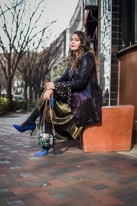 holiday outfit no 3, sequin boyfriend blazer, holiday look, pleated metallic midi skirt, blue anklt strap pumps, style, street style, fashion, DC blogger, Saumya Shiohare, myriad musings .