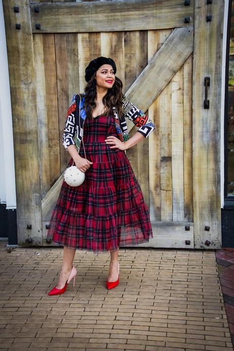 holiday outfit, tulle modcloth dress, red tartan dress, midi dress outfit, print mixing, street style, carrie bradshaw, cele style, myriad musings 