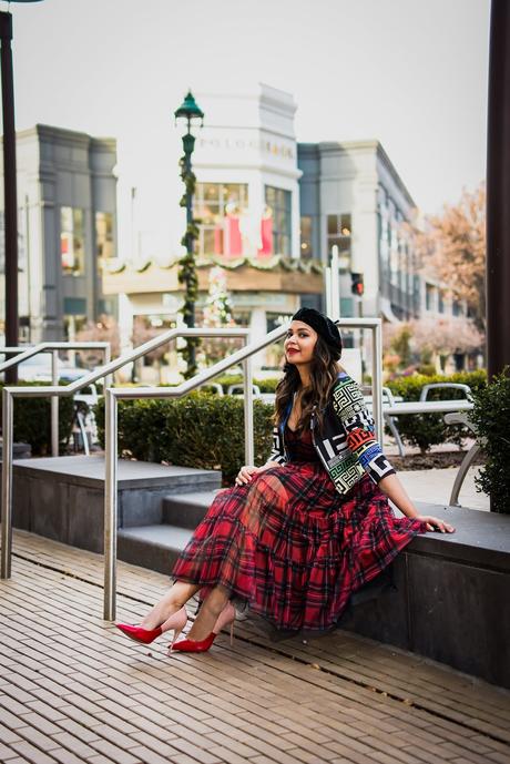 holiday outfit, tulle modcloth dress, red tartan dress, midi dress outfit, print mixing, street style, carrie bradshaw, cele style, myriad musings 