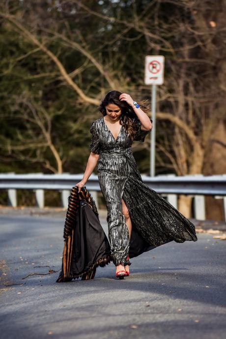 glam goddess, holiday outfit, style, fashion, party ready, fur coat, metallic gown, saumya shiohare, myriad musings