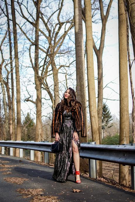 glam goddess, holiday outfit, style, fashion, party ready, fur coat, metallic gown, saumya shiohare, myriad musings