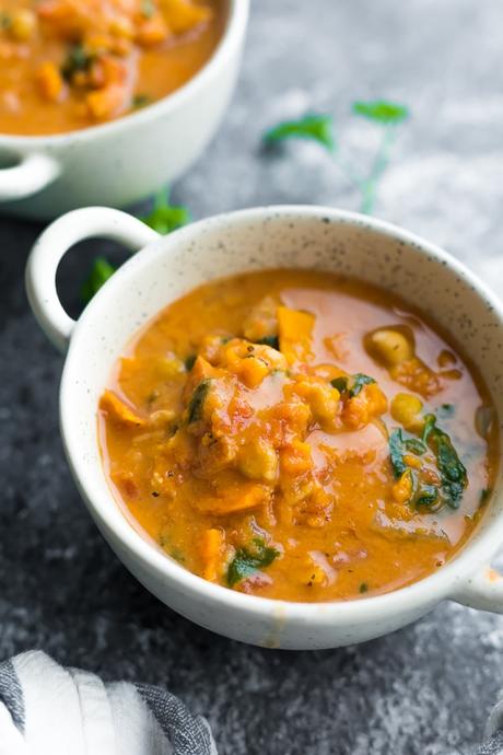 side view of a bowl of African peanut stew