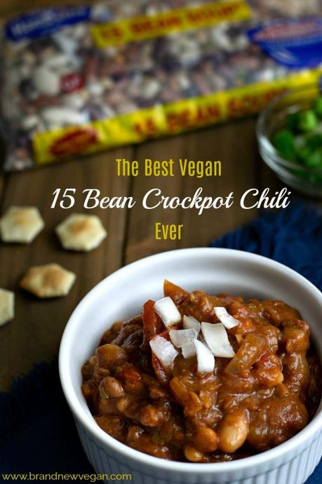 This Vegan 15 Bean Crockpot Chili is the bomb! No weird meat substitutes - no fancy gadgets - just a crockpot, some beans, and a few everyday spices. YUM!!