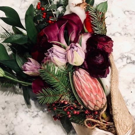Sunday Bouquet: Deep Garnet with Holiday Greens Sunday Bouquet: Deep Garnet with Holiday Greens