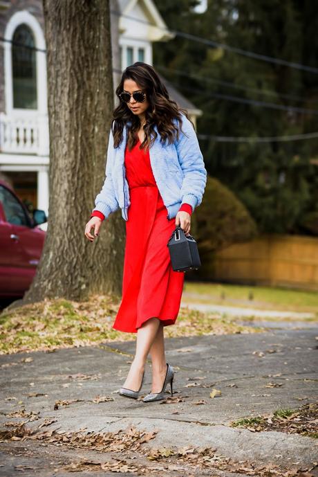 pop and suki bag, red H&M dress, red and blue, fur vest , bomber jacket, street style, hardest things f being an influncer, blogger, entrepreneur, fashion, style, myriad musings, saumya shiohare