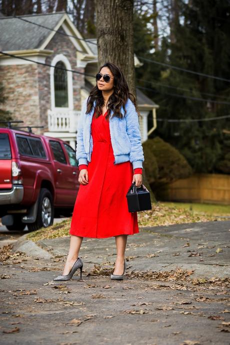 pop and suki bag, red H&M dress, red and blue, fur vest , bomber jacket, street style, hardest things f being an influncer, blogger, entrepreneur, fashion, style, myriad musings, saumya shiohare