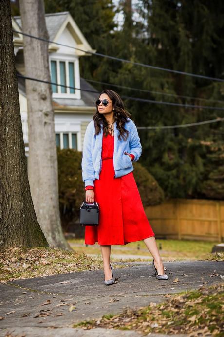 pop and suki bag, red H&M dress, red and blue, fur vest , bomber jacket, street style, hardest things f being an influncer, blogger, entrepreneur, fashion, style, myriad musings, saumya shiohare