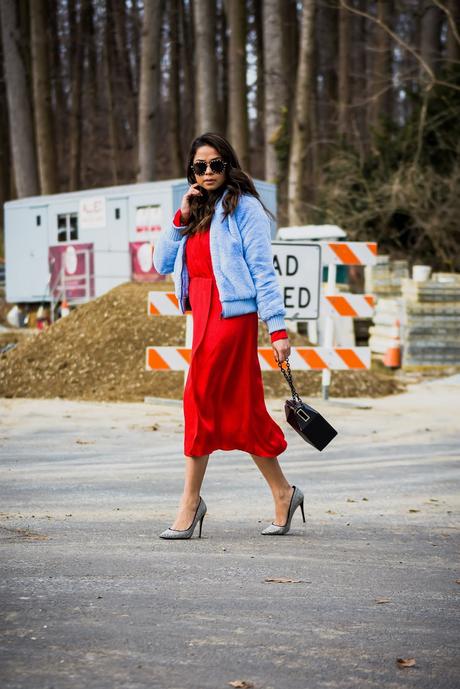 pop and suki bag, red H&M dress, red and blue, fur vest , bomber jacket, street style, hardest things f being an influncer, blogger, entrepreneur, fashion, style, myriad musings, saumya shiohare