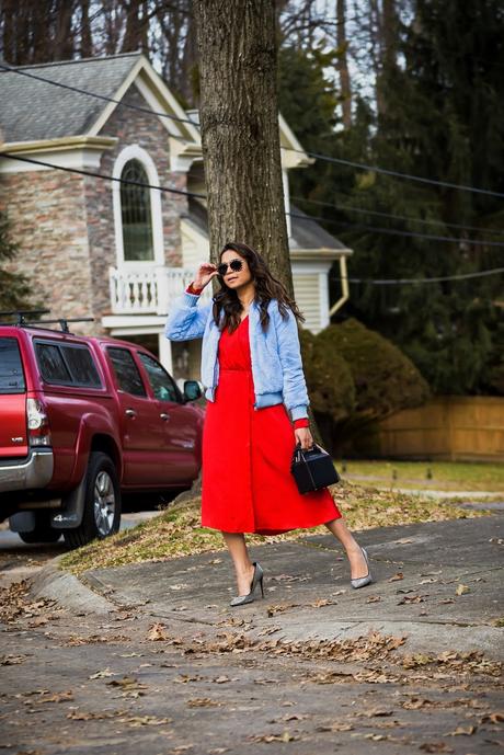 pop and suki bag, red H&M dress, red and blue, fur vest , bomber jacket, street style, hardest things f being an influncer, blogger, entrepreneur, fashion, style, myriad musings, saumya shiohare