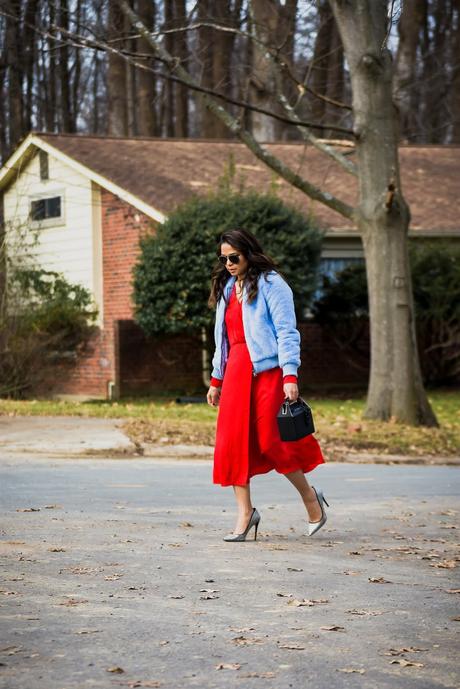 pop and suki bag, red H&M dress, red and blue, fur vest , bomber jacket, street style, hardest things f being an influncer, blogger, entrepreneur, fashion, style, myriad musings, saumya shiohare