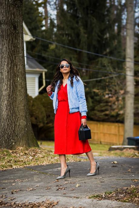 pop and suki bag, red H&M dress, red and blue, fur vest , bomber jacket, street style, hardest things f being an influncer, blogger, entrepreneur, fashion, style, myriad musings, saumya shiohare