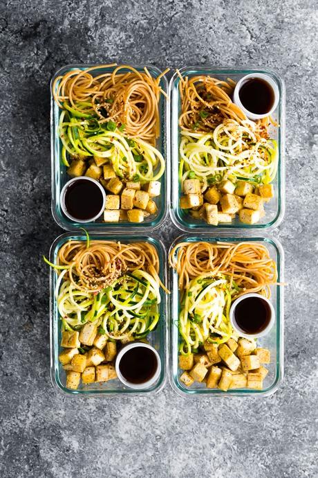 Spicy Tofu Noodle Meal Prep Bowls (vegan) Spicy Tofu Noodle Meal Prep Bowls (vegan) in four meal prep containers