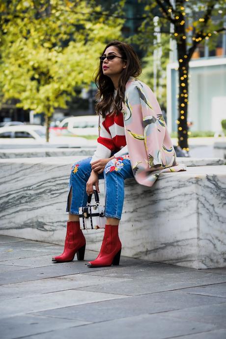 embroidered jeans outfit, red, white and blue, red western boots, dove print coat, skinny sunglasses, street style, dc blogger, saumya shiohare, myriad musings