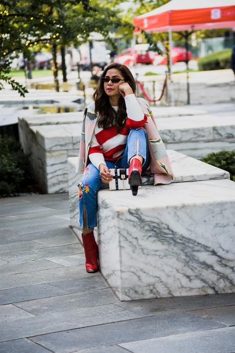 embroidered jeans outfit, red, white and blue, red western boots, dove print coat, skinny sunglasses, street style, dc blogger, saumya shiohare, myriad musings