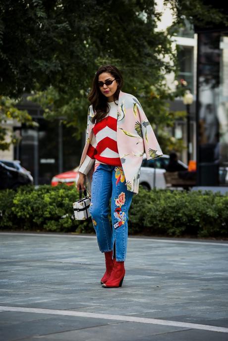 embroidered jeans outfit, red, white and blue, red western boots, dove print coat, skinny sunglasses, street style, dc blogger, saumya shiohare, myriad musings