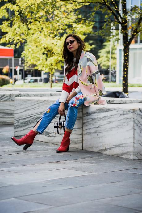 embroidered jeans outfit, red, white and blue, red western boots, dove print coat, skinny sunglasses, street style, dc blogger, saumya shiohare, myriad musings