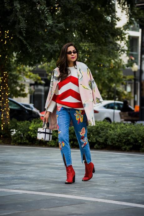 embroidered jeans outfit, red, white and blue, red western boots, dove print coat, skinny sunglasses, street style, dc blogger, saumya shiohare, myriad musings