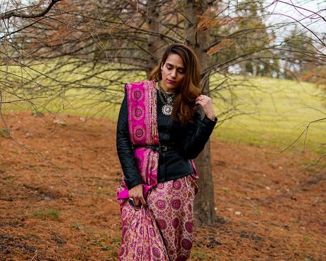 Saree, Leather Jacket, Boots, Tanvii.com