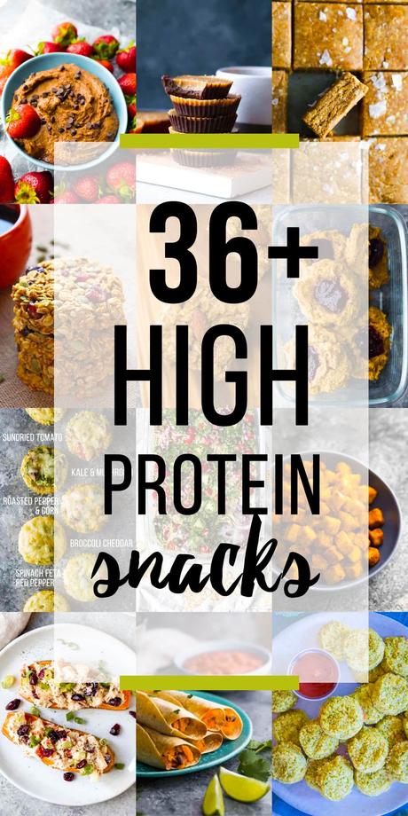 collage image with 36 high protein snacks