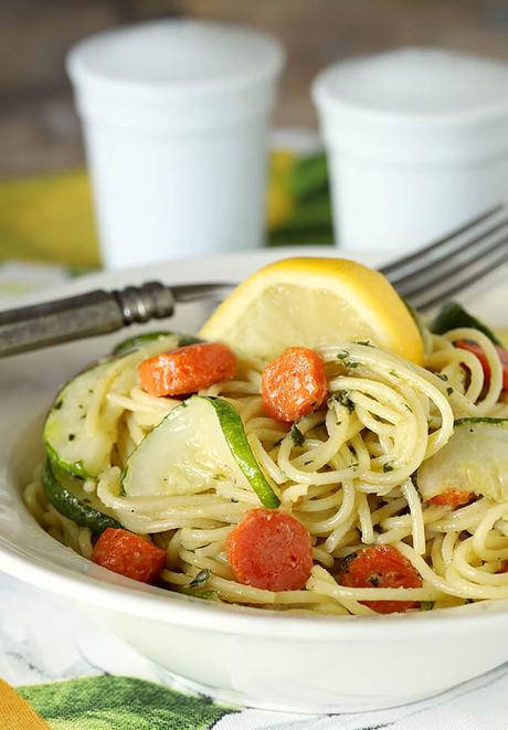 Garlic Pesto Pasta with Carrots & Zucchini