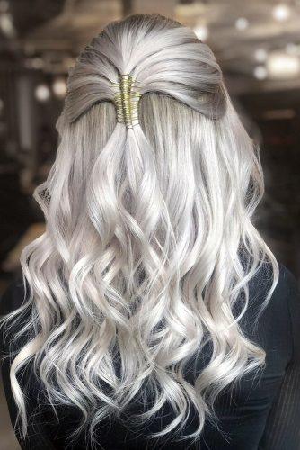 valentines day hairstyles medium white curly half up half down with gold rope ambrosiacarey