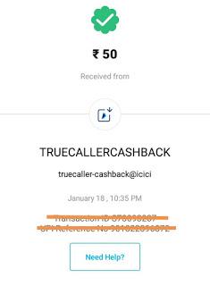 truecaller upi offer cashback proof