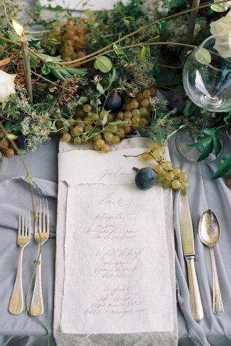 silver sage wedding gray tablecloth place setting with grape tablerunner katiegrantphoto