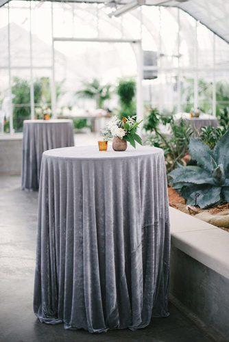 silver sage wedding round tall table with velvet gray tablecloth emily ann hughes photography