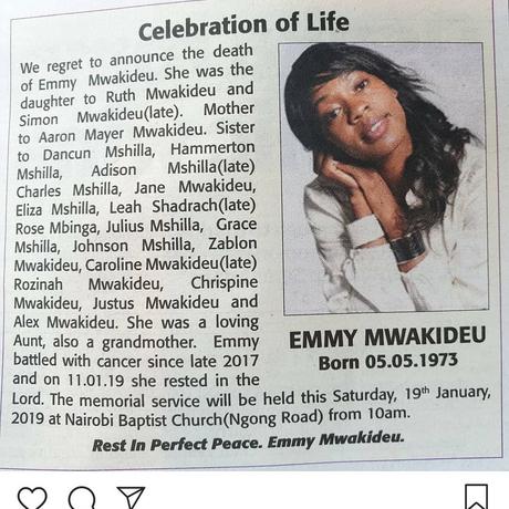 This is what caused the death of Alex Mwakideu’s sister Emmy Mwakideu