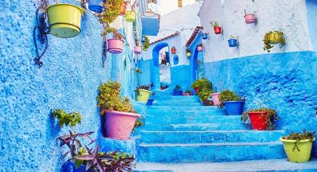 Morocco is the blue city of Chefchaouen, endless streets painted in blue color. Lots of flowers and Souvenirs in the beautiful streets of Chefchaouen. A magical fairy-tale city of heavenly color