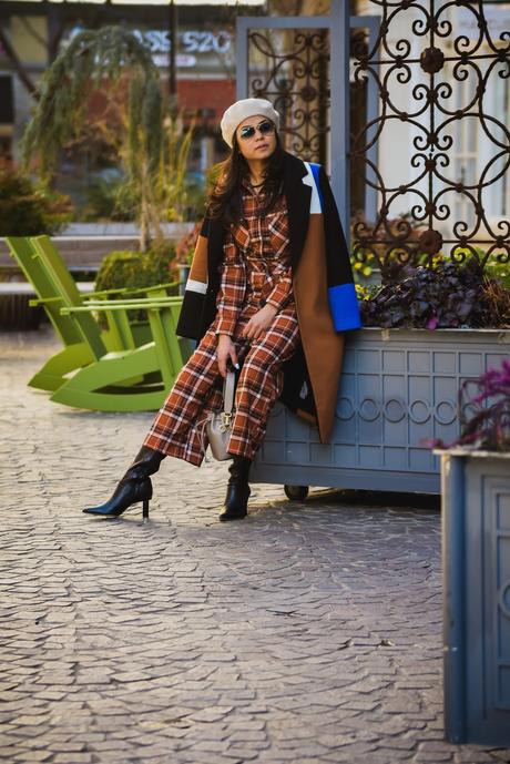free people jumpsuit, fashion, street style, jumpsuit style, tibi boots, beret style, c/meo collective colorblock coat, myriad musings, saumya shiohare