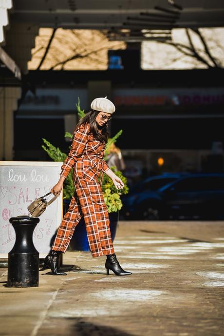 free people jumpsuit, fashion, street style, jumpsuit style, tibi boots, beret style, c/meo collective colorblock coat, myriad musings, saumya shiohare