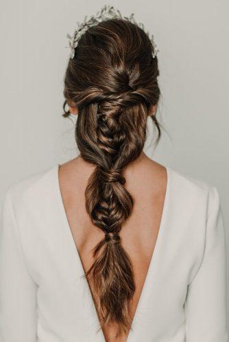 bohemian wedding hairstyles long brown hair down with braid and ponytail with crown dani_arjones