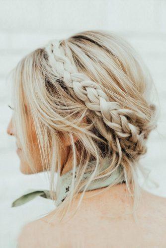 bohemian wedding hairstyles messy blonde thin hair updo with braided crown hairandmakeupbysteph