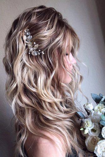 bohemian wedding hairstyles soft curls on medium blonde hair with side crystal and pearls pin veronika_belyanko
