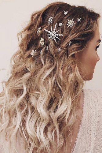 bohemian wedding hairstyles soft curls on medium blonde hair with crystal star pins laurenconrad