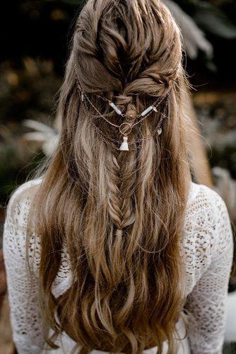 bohemian wedding hairstyles long brown hair half up half down with braid and bohemian accessorie kathiundchris