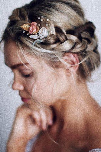 bohemian wedding hairstyles medium blonde hair with braided crown ulyanaasterbridal