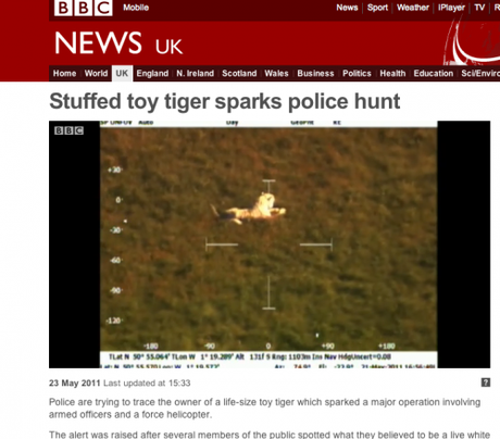 BBC News: Stuffed toy tiger sparks police hunt