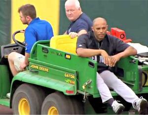 In this image taken from video,  Yankees closer' Mariano Rivera getting carted off the field after injuring his right knee during batting practice in Kansas City.